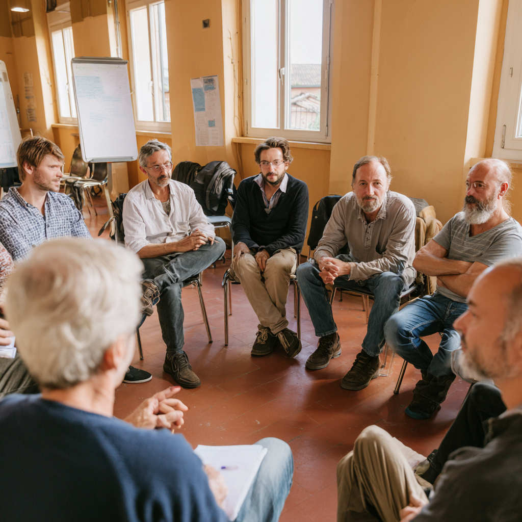Група мотивованих чоловіків різного віку обговорюють стратегії розвитку, демонструючи силу спільноти та взаємної підтримки