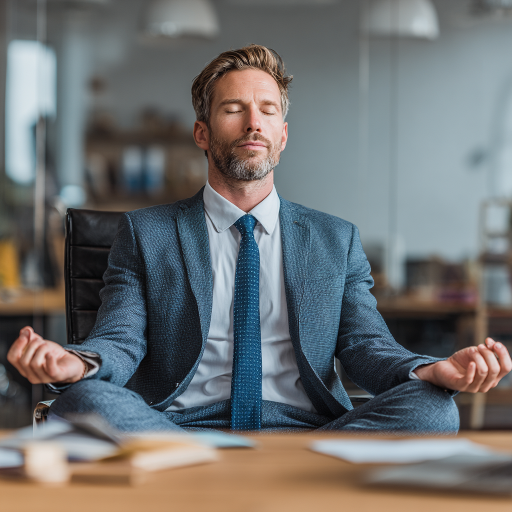 Впевнений чоловік у діловому костюмі медитує в офісі, розвиваючи ментальну стійкість та концентрацію