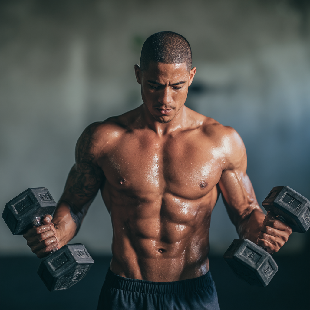 Мускулистий чоловік виконує силові вправи з гантелями в спортзалі, демонструючи фізичну силу та витривалість